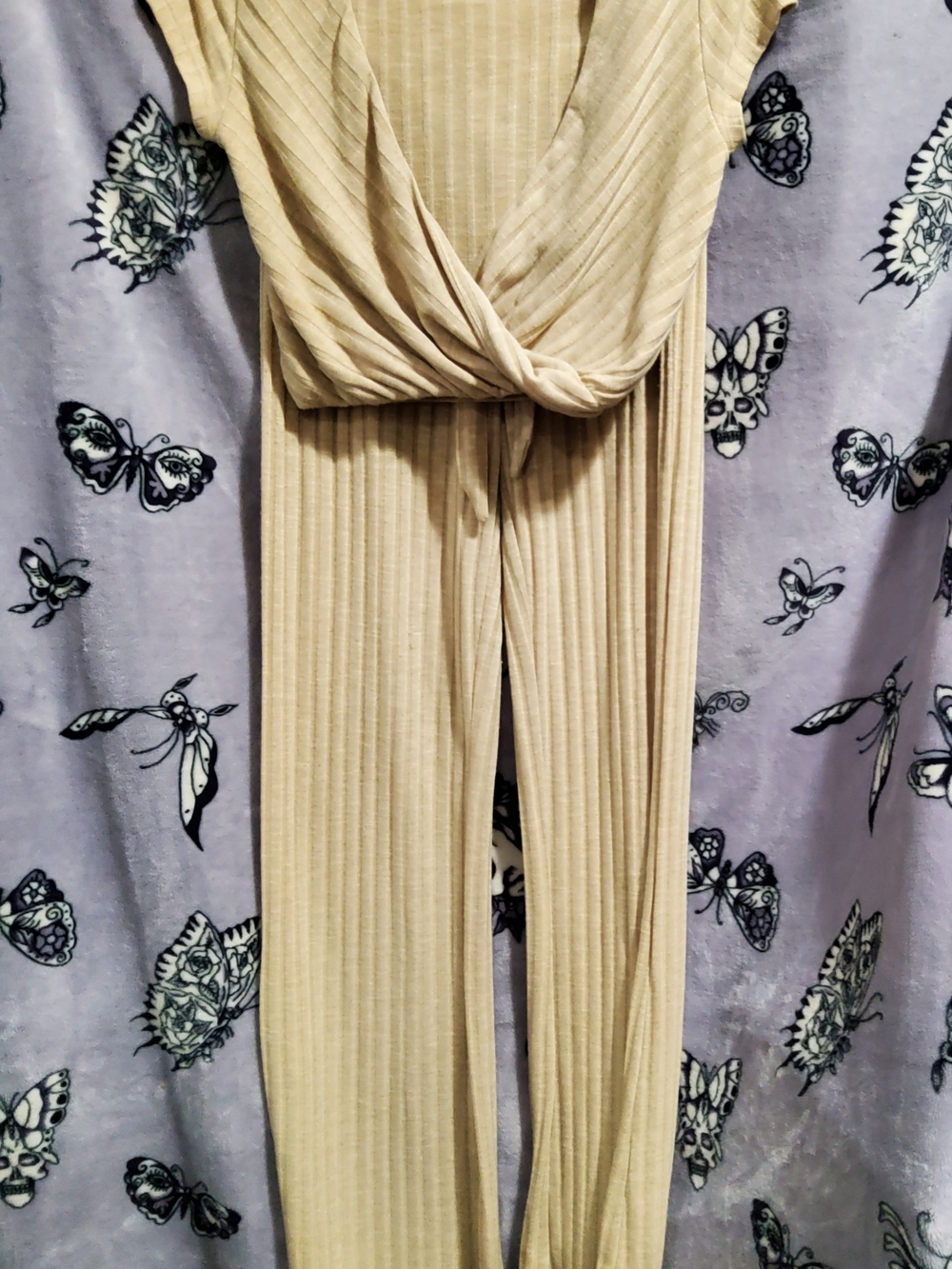 Almost Famous Beige Ribbed Twist-Front Jumpsuit
